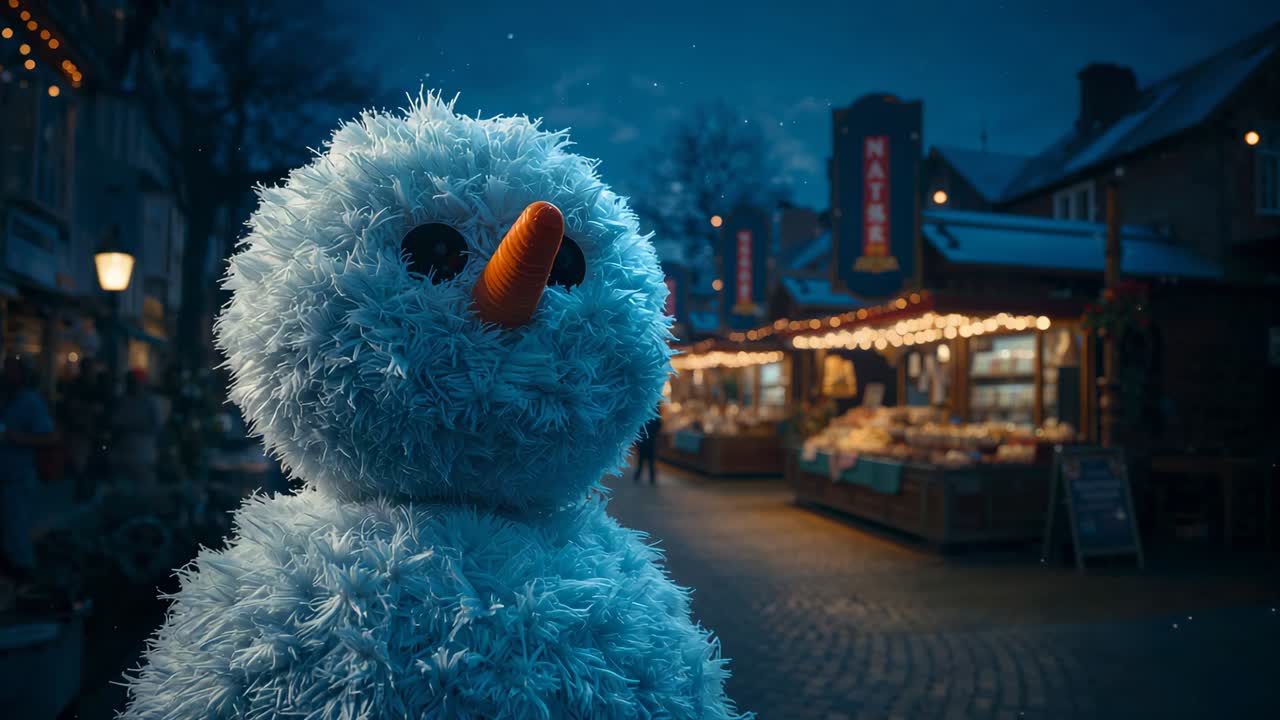 Pulling back camera revealing fluffy snowman at evening market street, showcasing festive stalls