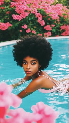 woman swimming in a pool with pink flowers