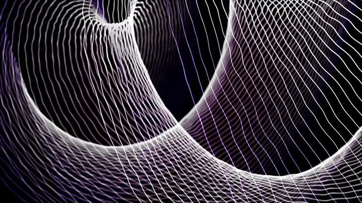 Bright abstract dancing line background neon glow futuristic loop purple