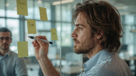 men brainstorming and writing on sticky notes on a glass wall in an office