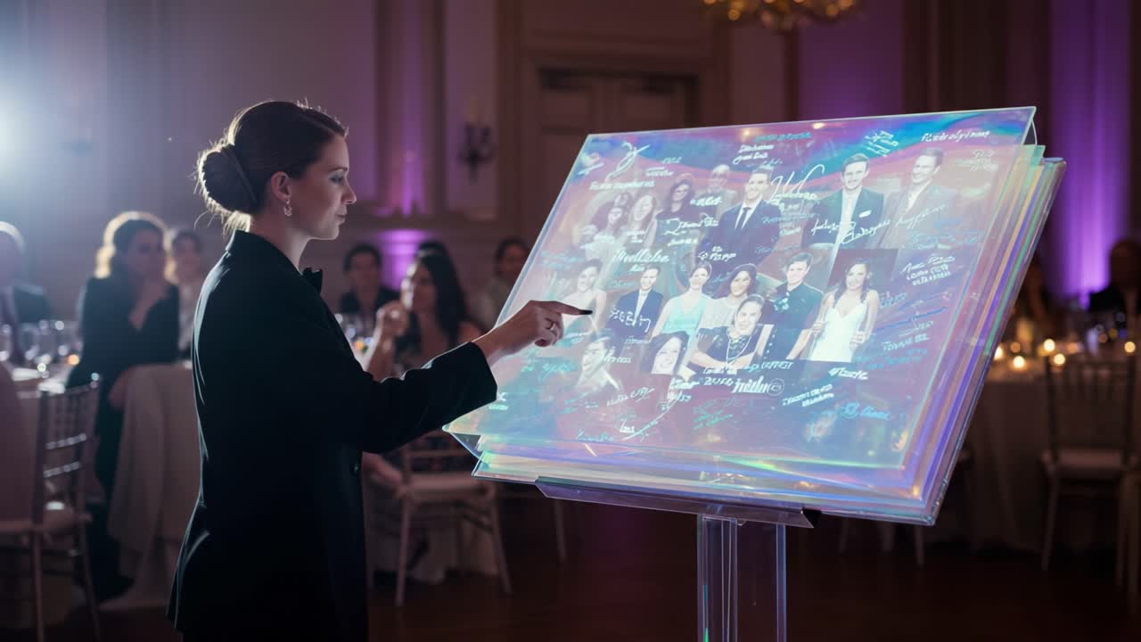 Engaging Presentation of a Digital Photo Collage Displayed at an Elegant Event, Capturing Moments with Guests Making Connections and Sharing Memories