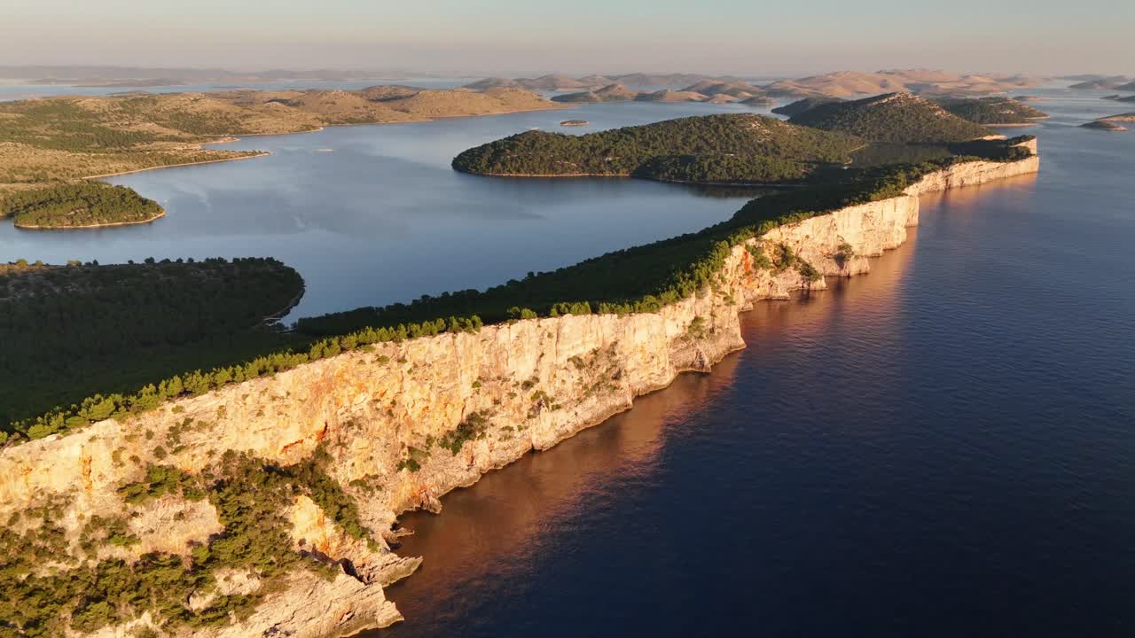Sunset drone aerial over cliffs of Telascica nature park in Croatia, island Dugi otok