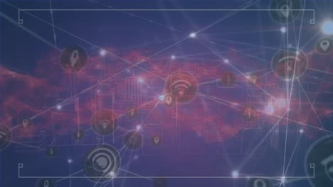 animation of network of digital icons over spinning 3d city model against blue background