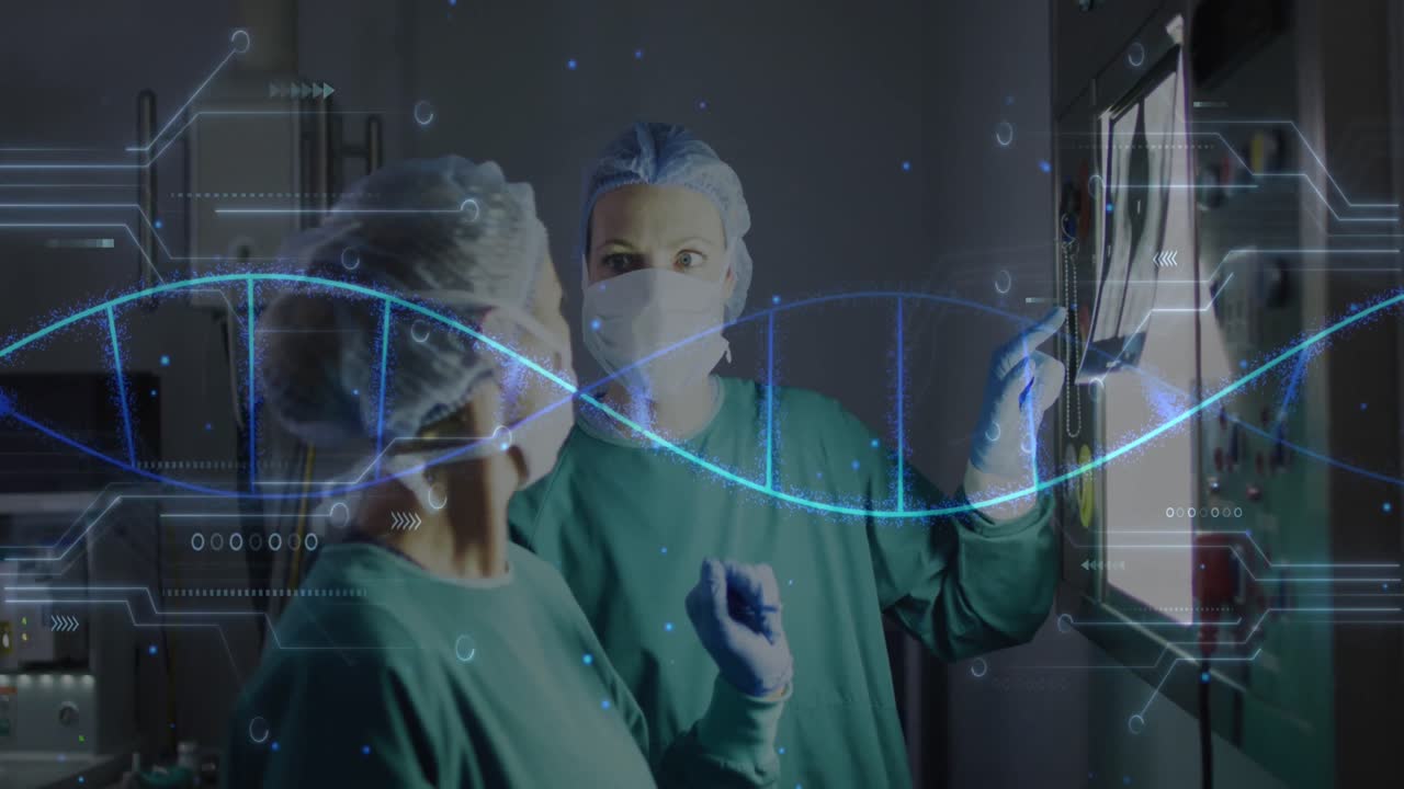 다양한 여성 외과 의사들이 스레이에 대해 논의하는 dna 스트랜드와 의료 데이터의 애니메이션