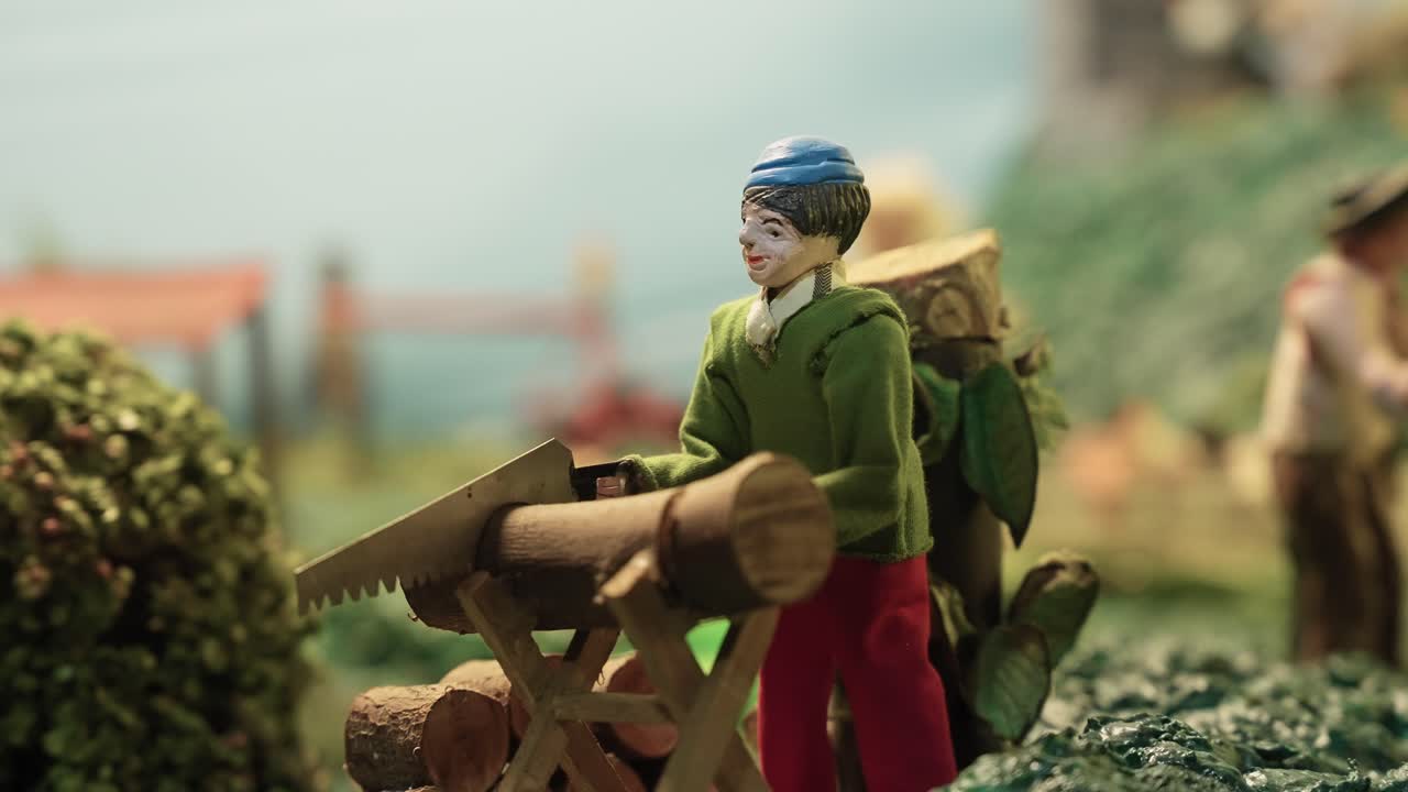 Handcrafted figurine sawing wood in a Christmas nativity scene decoration