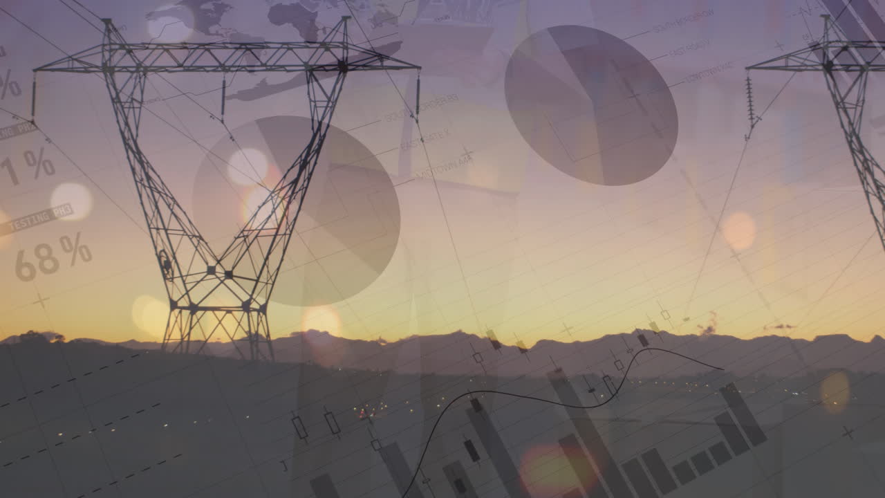 Animation of financial data over electricity poles at sunset