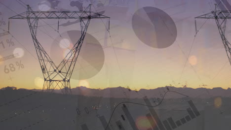 animación de datos financieros sobre los postes de electricidad al atardecer