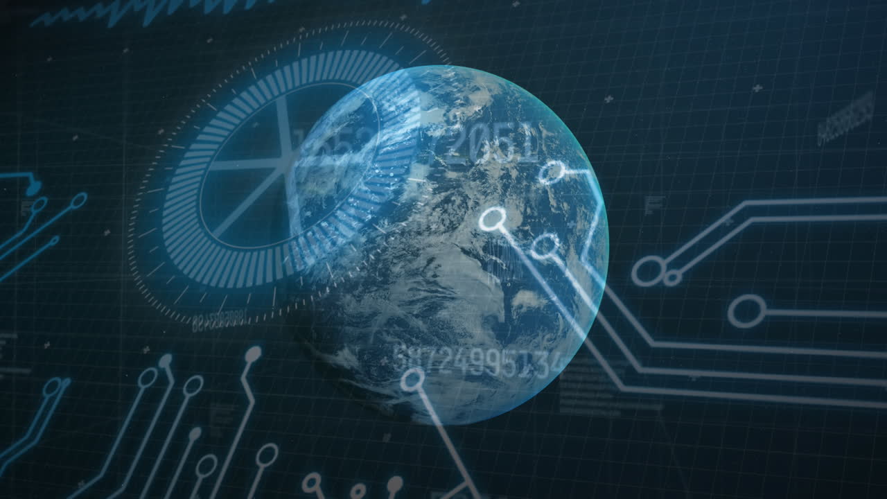 데이터 처리의 애니메이션, 컴퓨터 회로판을 배경으로 지구를 회전시키는