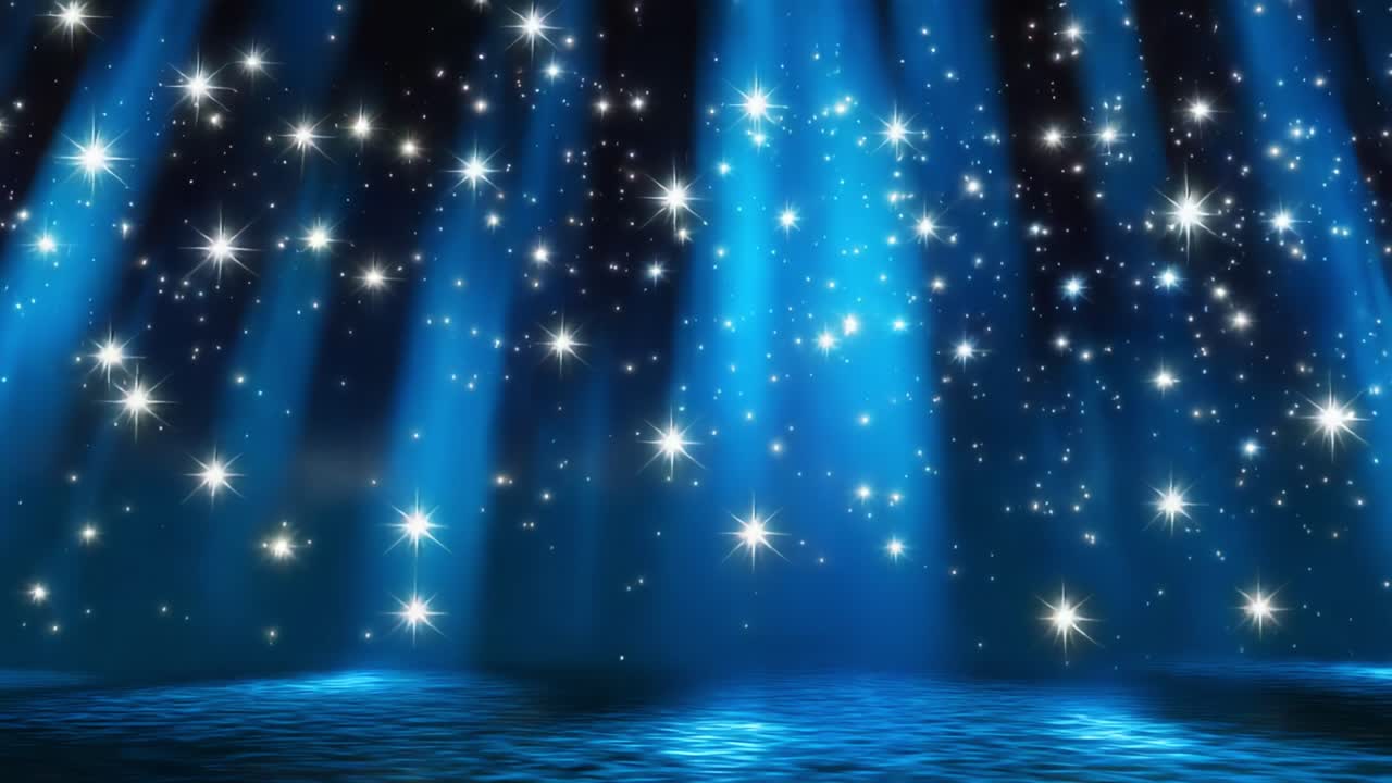 An Ethereal Display of Celestial Light Reflections Above a Serene Body of Water, Featuring a Choreographed Arrangement of Radiant Stars and Glimmering Beams of Light in a Mystical Blue Palette