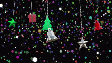 animation of christmas baubles decorations over spots of lights background