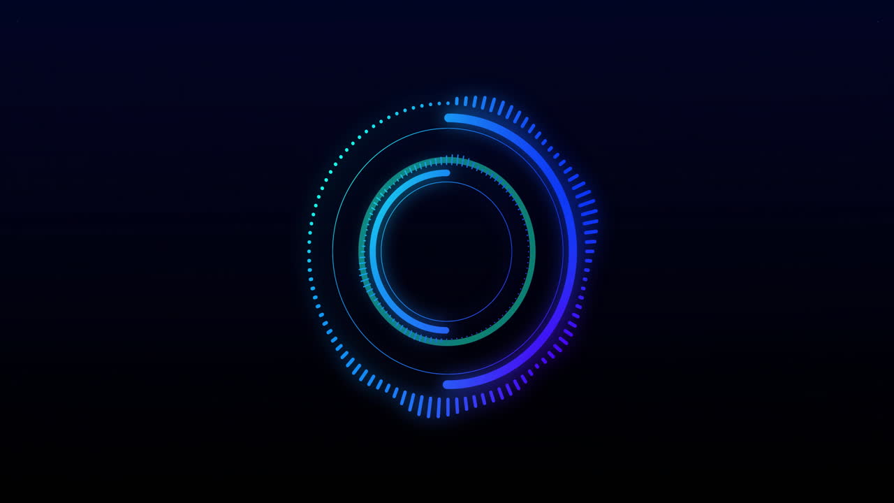 animación de escáner circular azul y procesamiento de anillos de carga sobre fondo negro