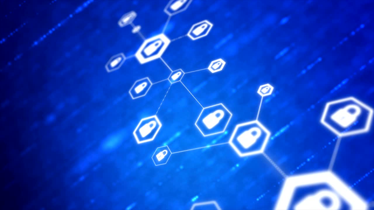 4K Abstract background hexagon shape with lock icon connection metaphor network security cyber technology futuristic concept with grain processed