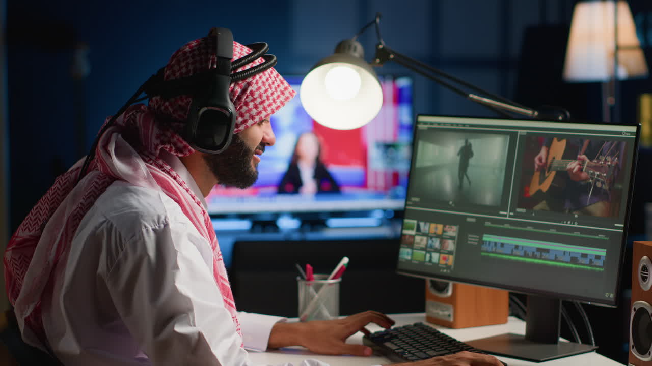 hombre con auriculares mientras edita