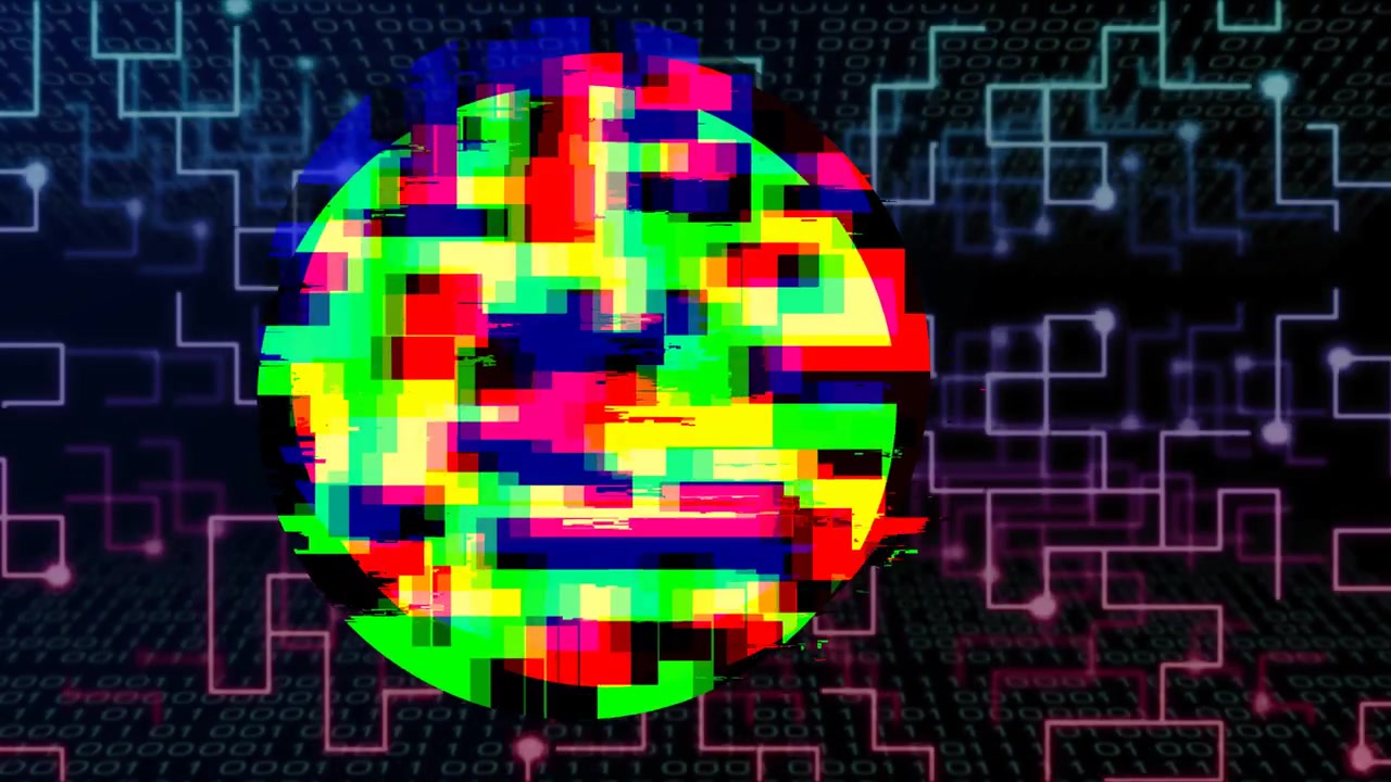 Kleurrijke pixelcirkel reageert op synchronisatiepuls, verschuivende blokken en pulserend om netwerkstroom te tonen