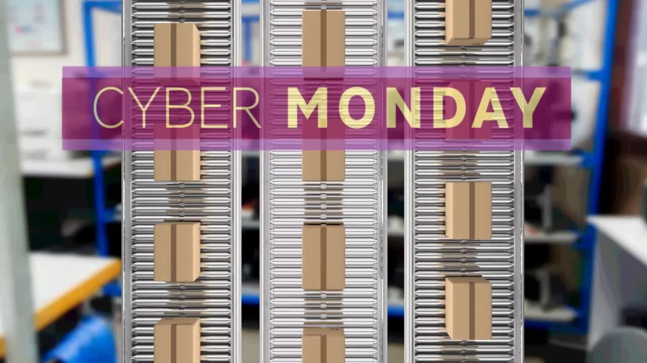 Animation of cyber monday text over cardboard boxes on conveyor belts
