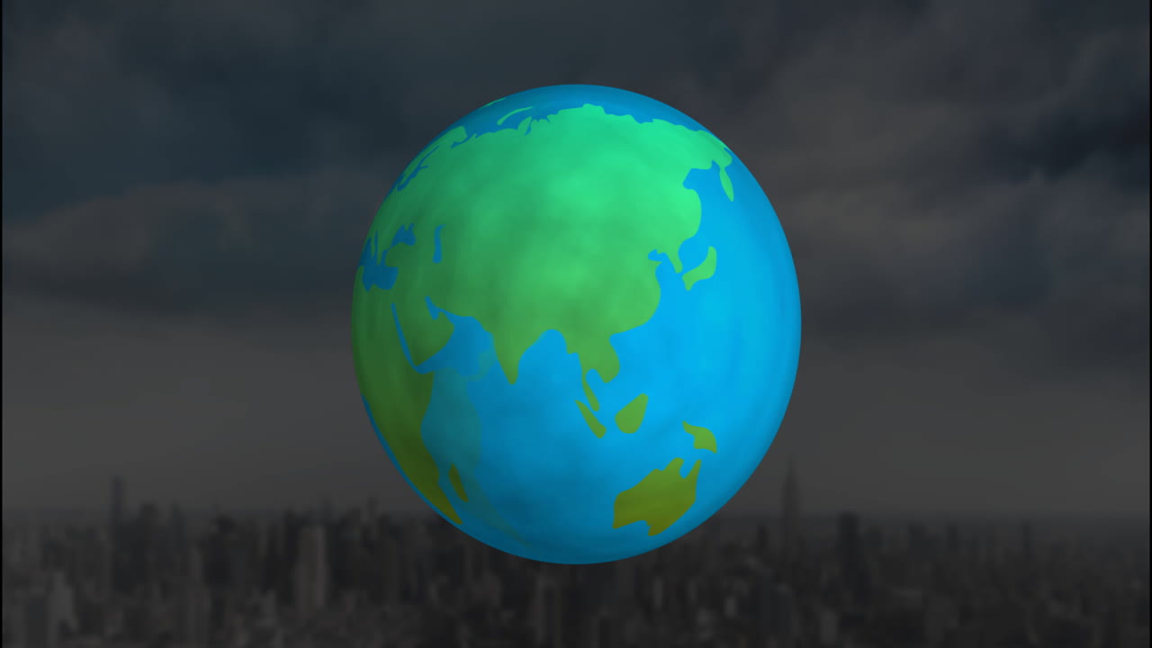 Animating blue and green globe over city skyline in digital illustration