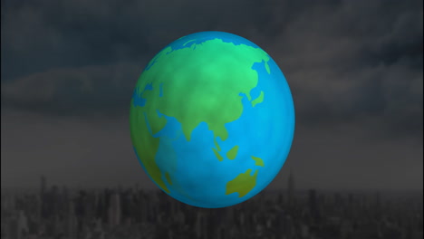 animating blue and green globe over city skyline in digital illustration