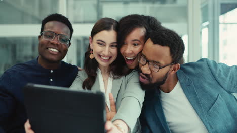 smile, selfie and business people in office