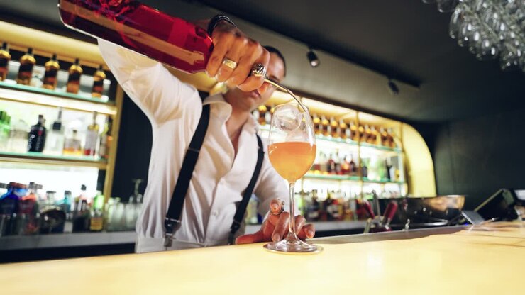 Barman che versa liquido rosso in un bicchiere da cocktail in un bar
