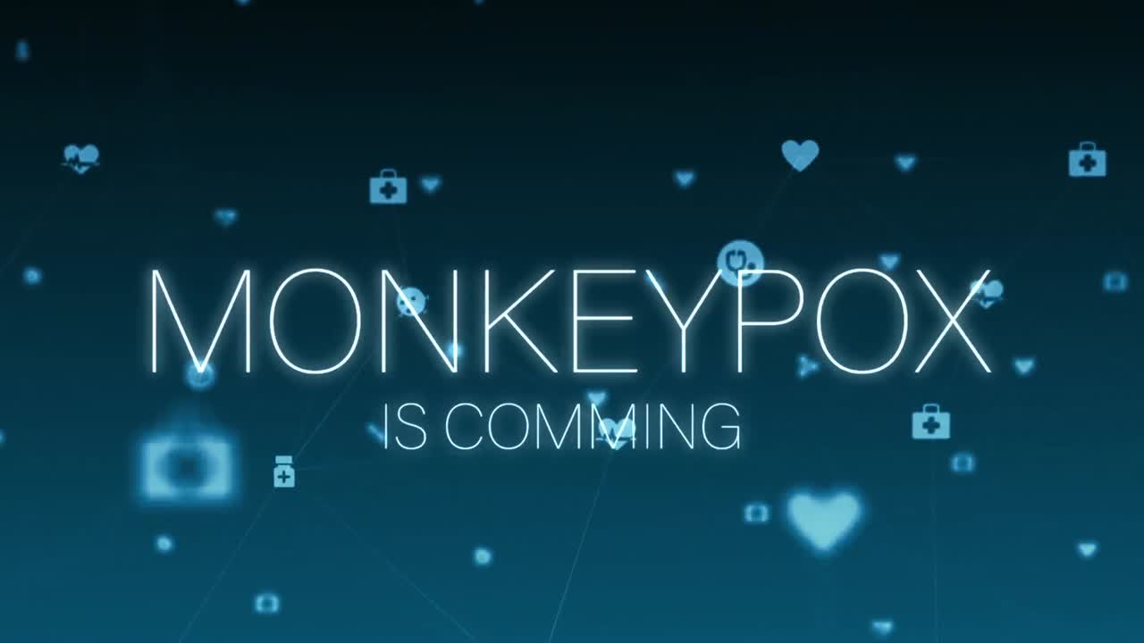 animación de texto de viruela del mono e iconos médicos sobre fondo azul