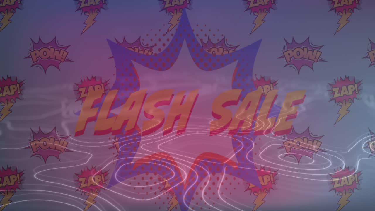 Tekstirivi pikamyynnistä ja typografia useita pow- ja zap-tekstirivejä vasten vaaleanpunaisella taustalla