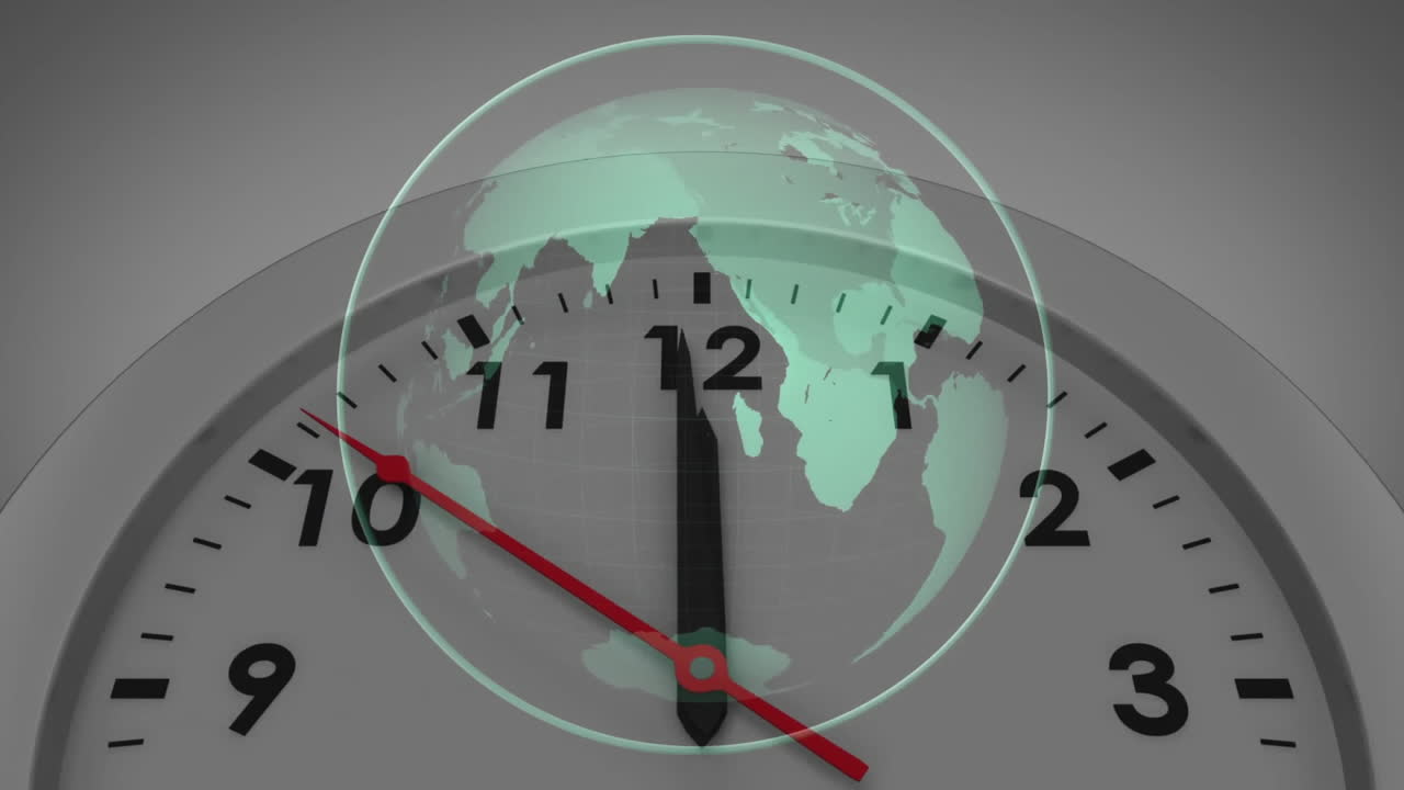 Animation of clock face with world map overlay showing global connection concept