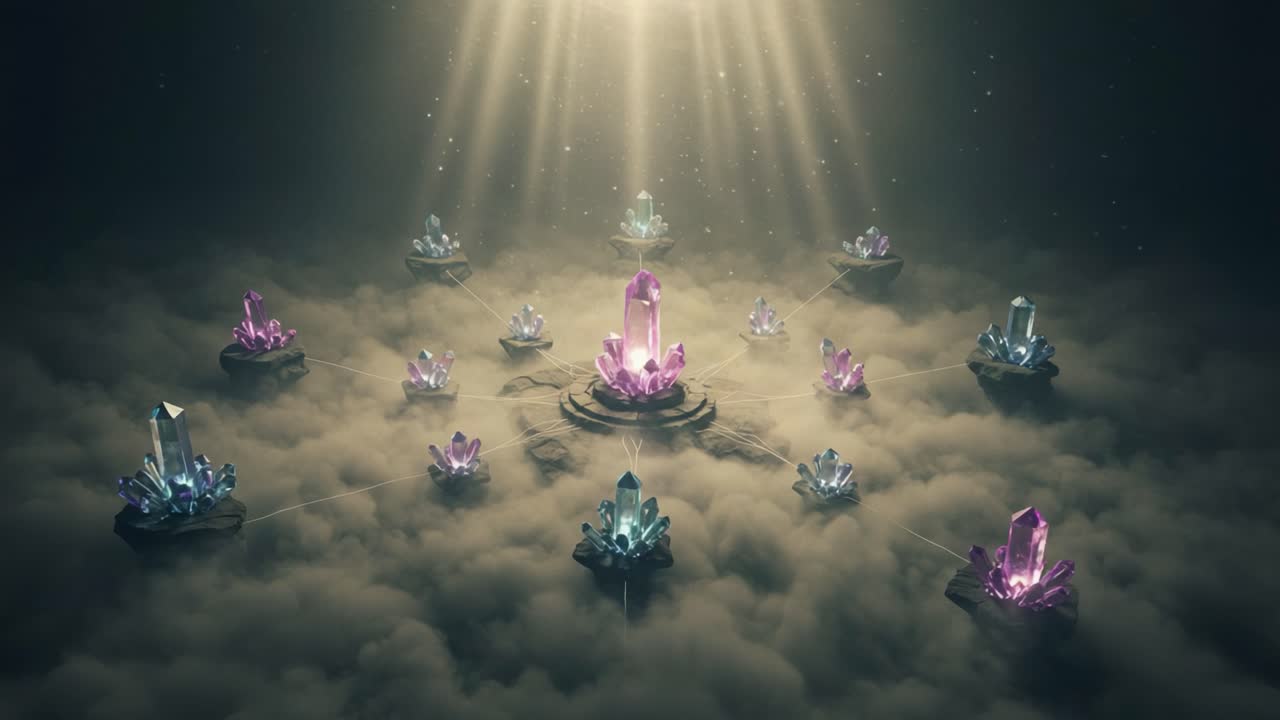 A Mystical Scene Featuring Glowing Crystals Surrounded by Ethereal Clouds and Illuminated by Radiant Light, Creating an Enchanting Atmosphere of Beauty and Serenity