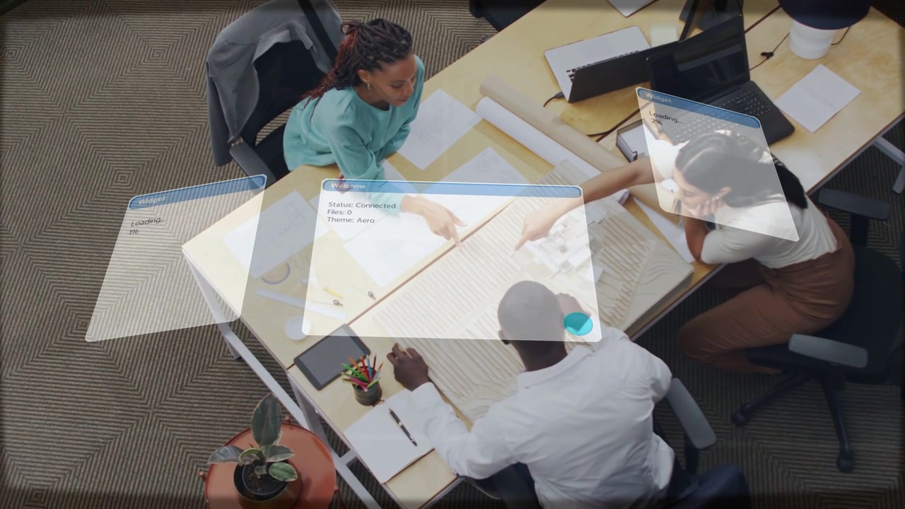 Team sorting papers in office, teal pointing starting UI settling over layout for business planning