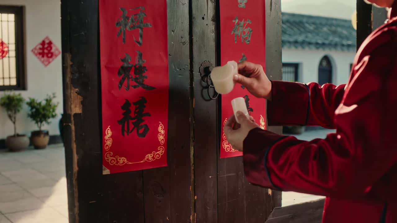 Pegando el engrudo, un hombre con una chaqueta roja coloca y alisa coplas de primavera en una puerta de madera. Espacio para texto.