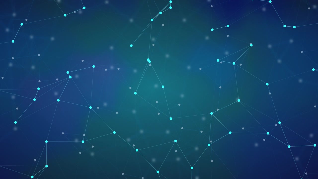 interconnected geometric nodes and lines, plexus network in motion over a vibrant, deep blue atmospheric gradient background