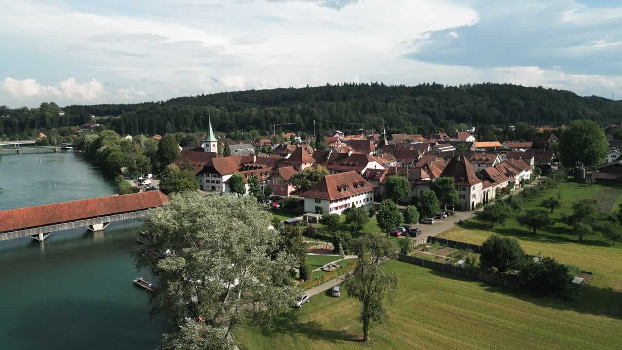 Aerial of a small medieval town next to the river Aare