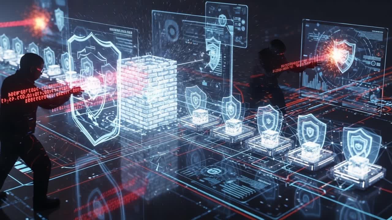 Dynamic Cybersecurity Operations: Professionals Engaged in Digital Shielding and Data Protection with Advanced Technology and High-Tech Graphics in a Compelling Cyber Environment