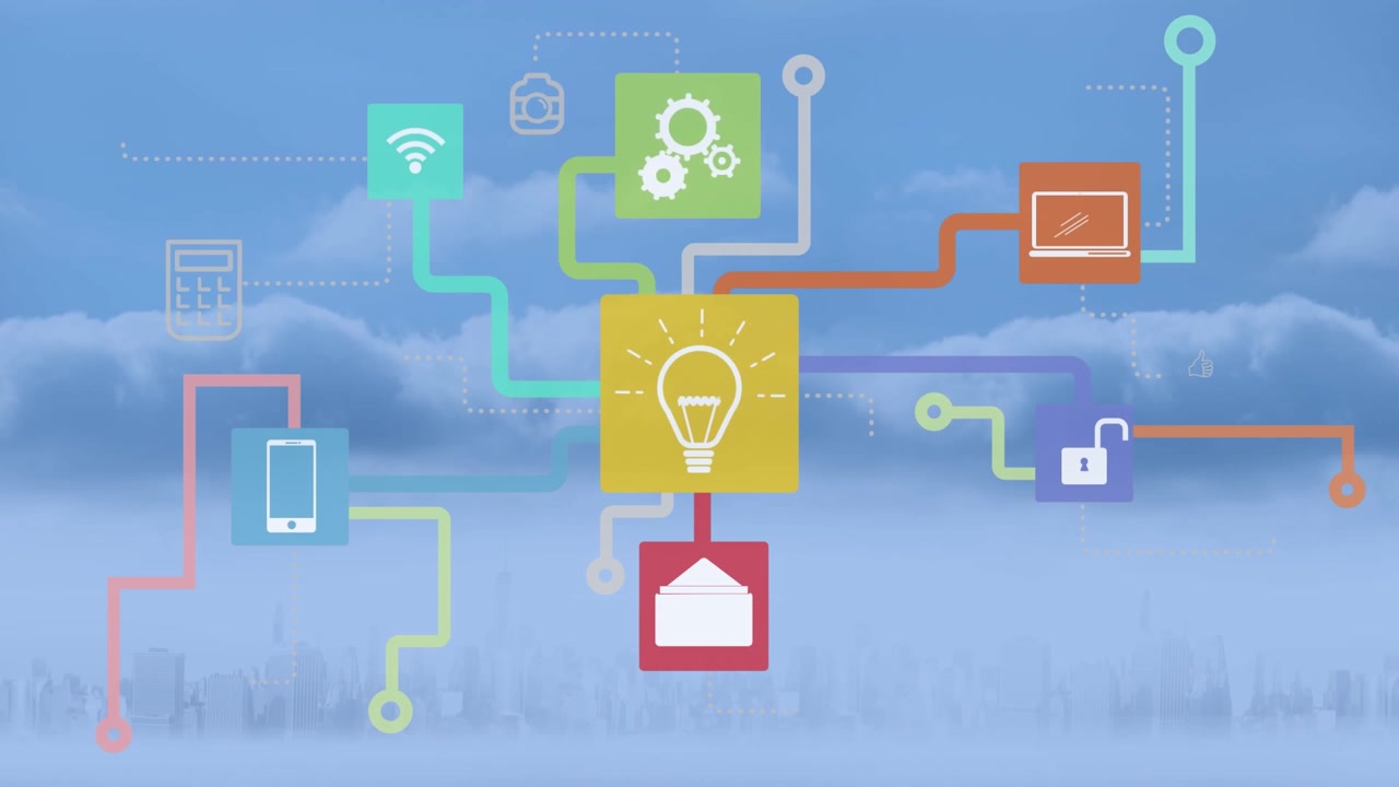 Animation of technology icons over sky and clouds