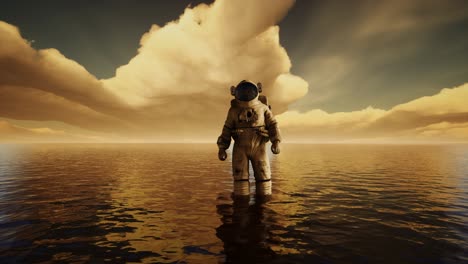 astronauta en el mar bajo las nubes al atardecer