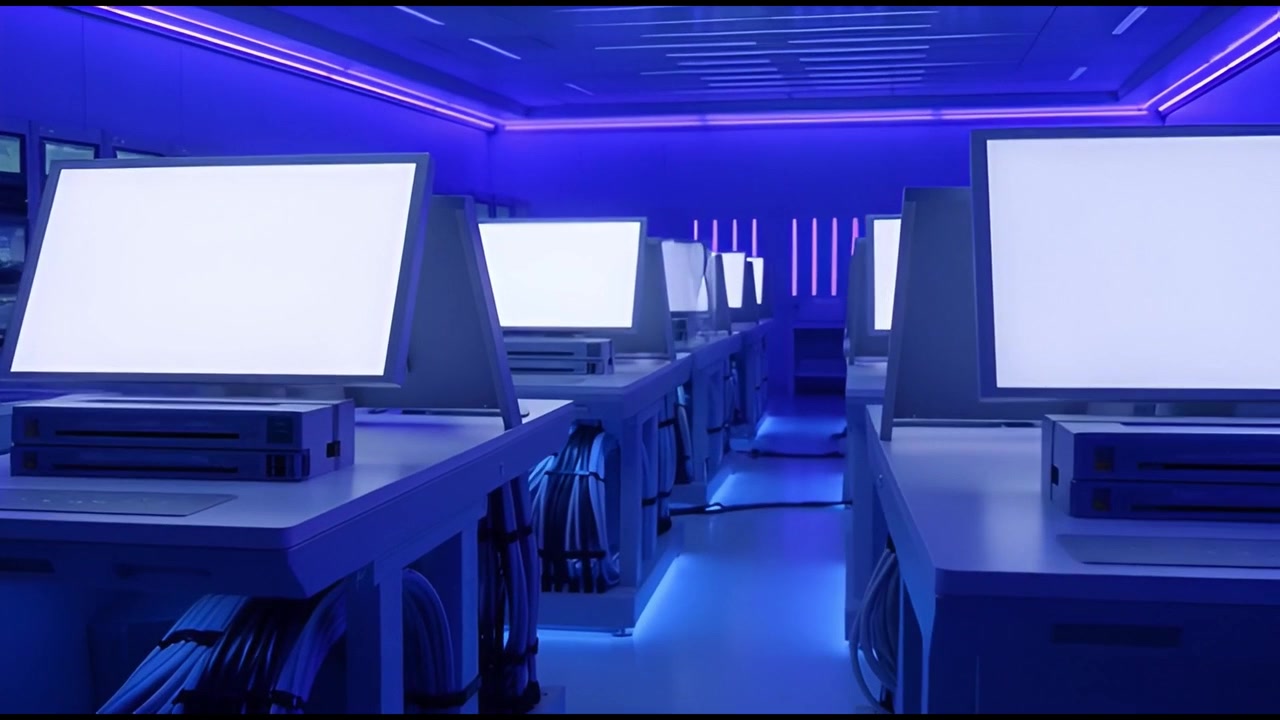 Futuristic Server Room with Glowing Blue Lights and White Screens