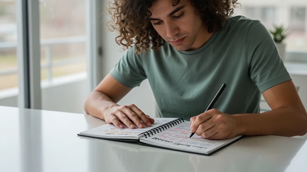 Focused Engagement: A Young Man Diligently Writing in His Notebook at a Bright, Modern Workspace, Showcasing Creativity and Introspection