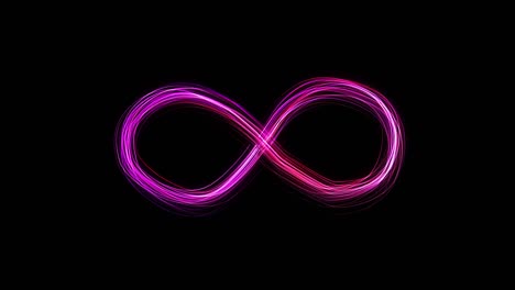 emerging glowing purple infinity sign on black background from many lines.