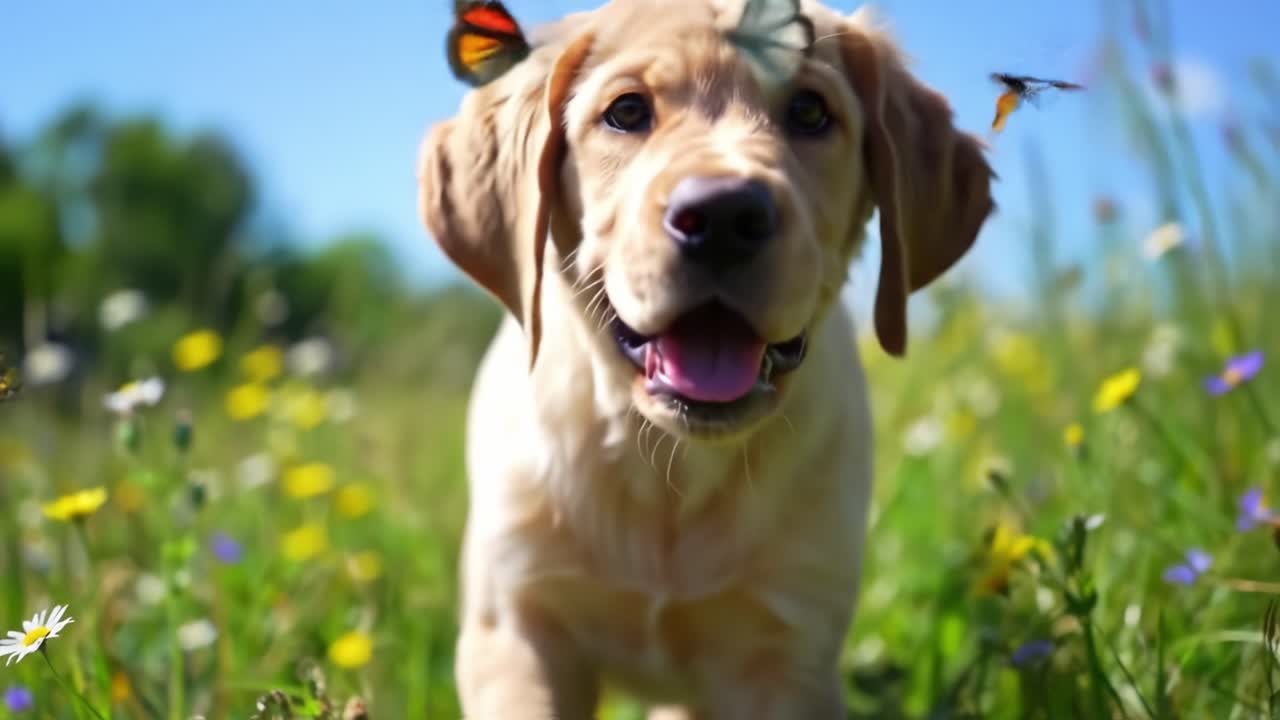 A Playful Puppy Joyfully Chasing a Butterfly in a Bright Flower-Filled Meadow, Capturing the Essence of Childhood Wonder and Innocence in Nature's Embrace