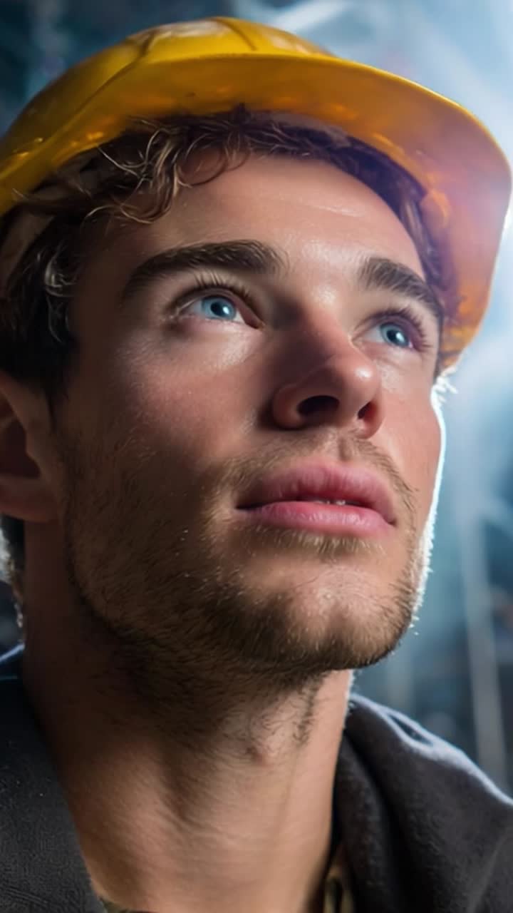 A Young Man with a Hard Hat Gazes Upwards, Illuminated by Soft Light in a Surrounding Environment, Capturing a Moment of Reflection and Determination
