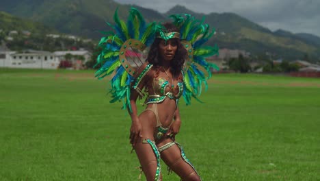 in the heart of trinidad's tropical splendor, a young girl dons her carnival costume, adding to the island's festive charm