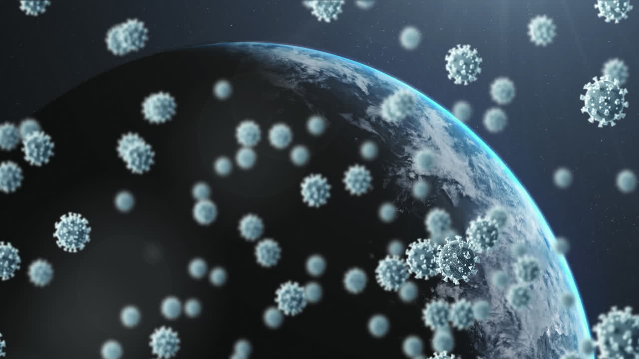 회색 배경에 대해 전 세계를 떠다니는 여러 코로나19 세포의 디지털 애니메이션