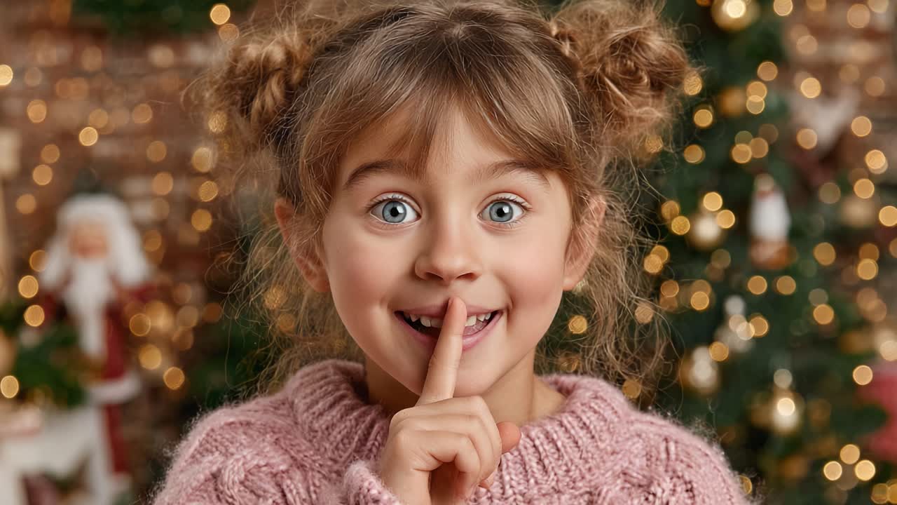 Adorable Girl with Playful Expression: A Charming Moment Captured in Cozy Setting with Shimmering Holiday Lights and Festive Background