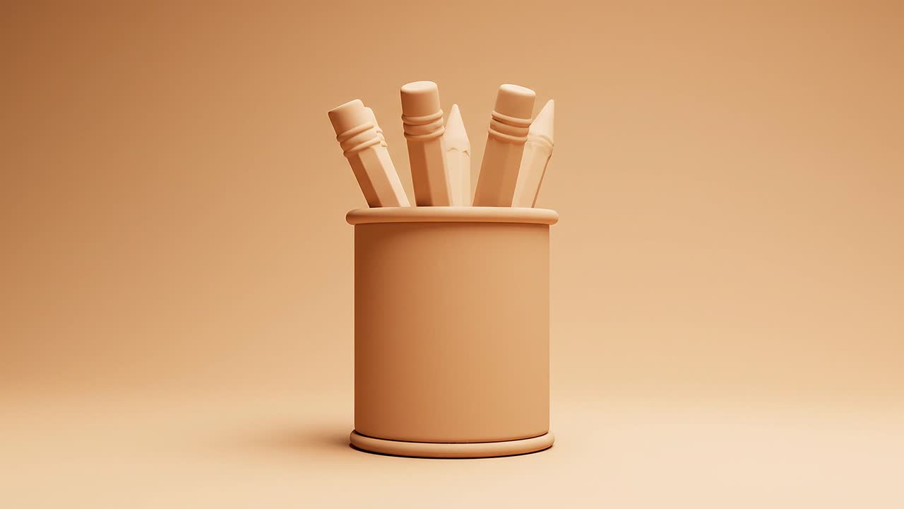 Animación 3D minimalista de lápices girando en un portalápices