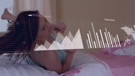 animation of financial data processing over caucasian woman lying on bed