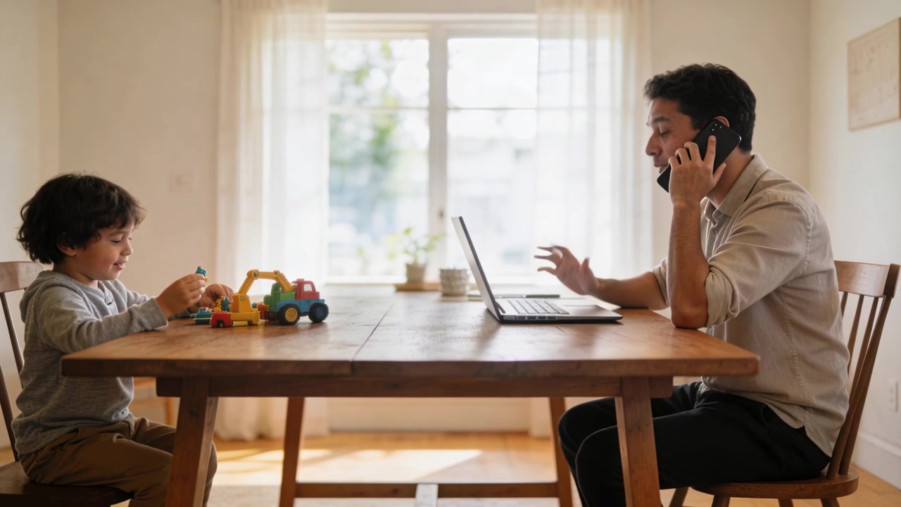 Call causing dad in light shirt speaking and working on laptop at dining-table child building truck