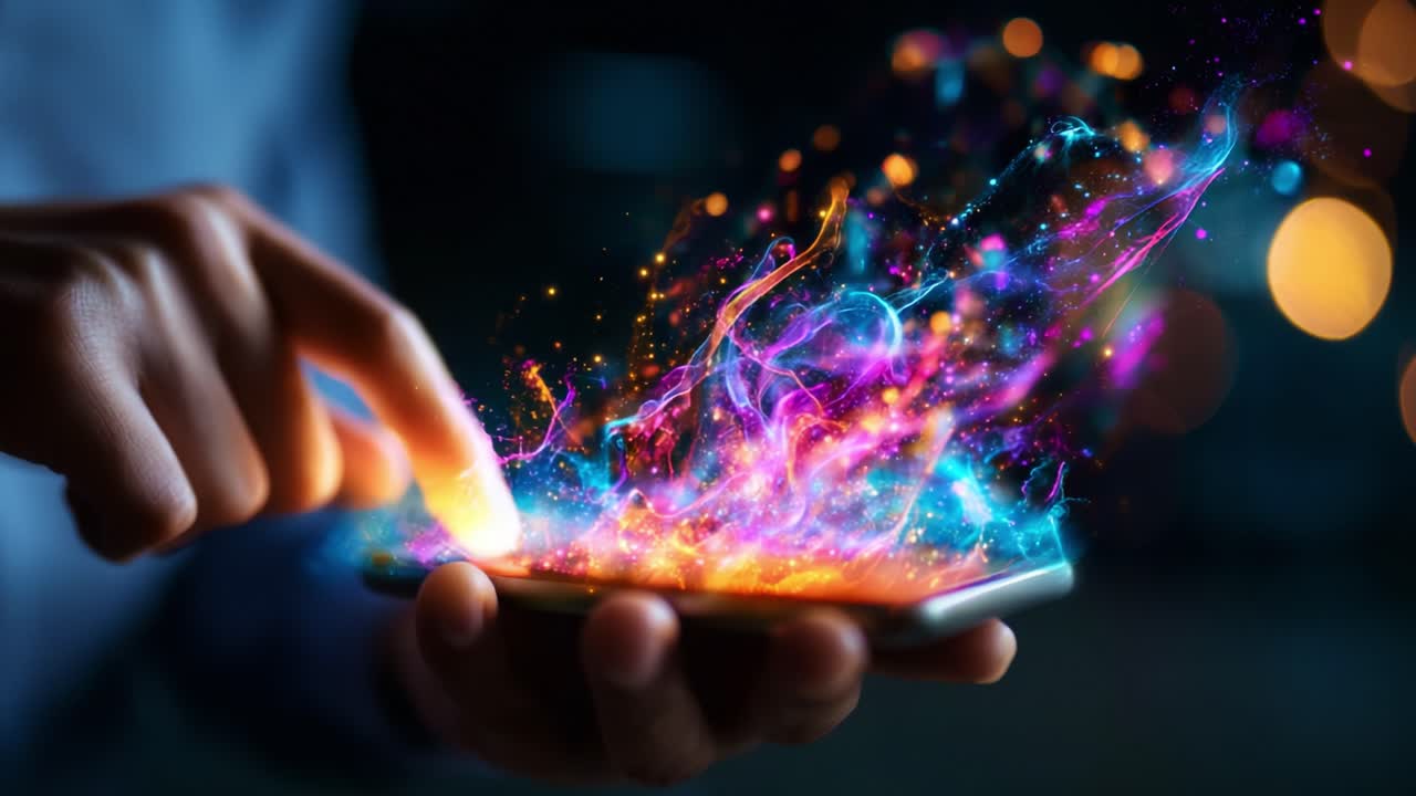 A mesmerizing digital interaction where vibrant colors and magical sparks emanate from a smartphone screen as a user engages by touching it, blending creativity with technology
