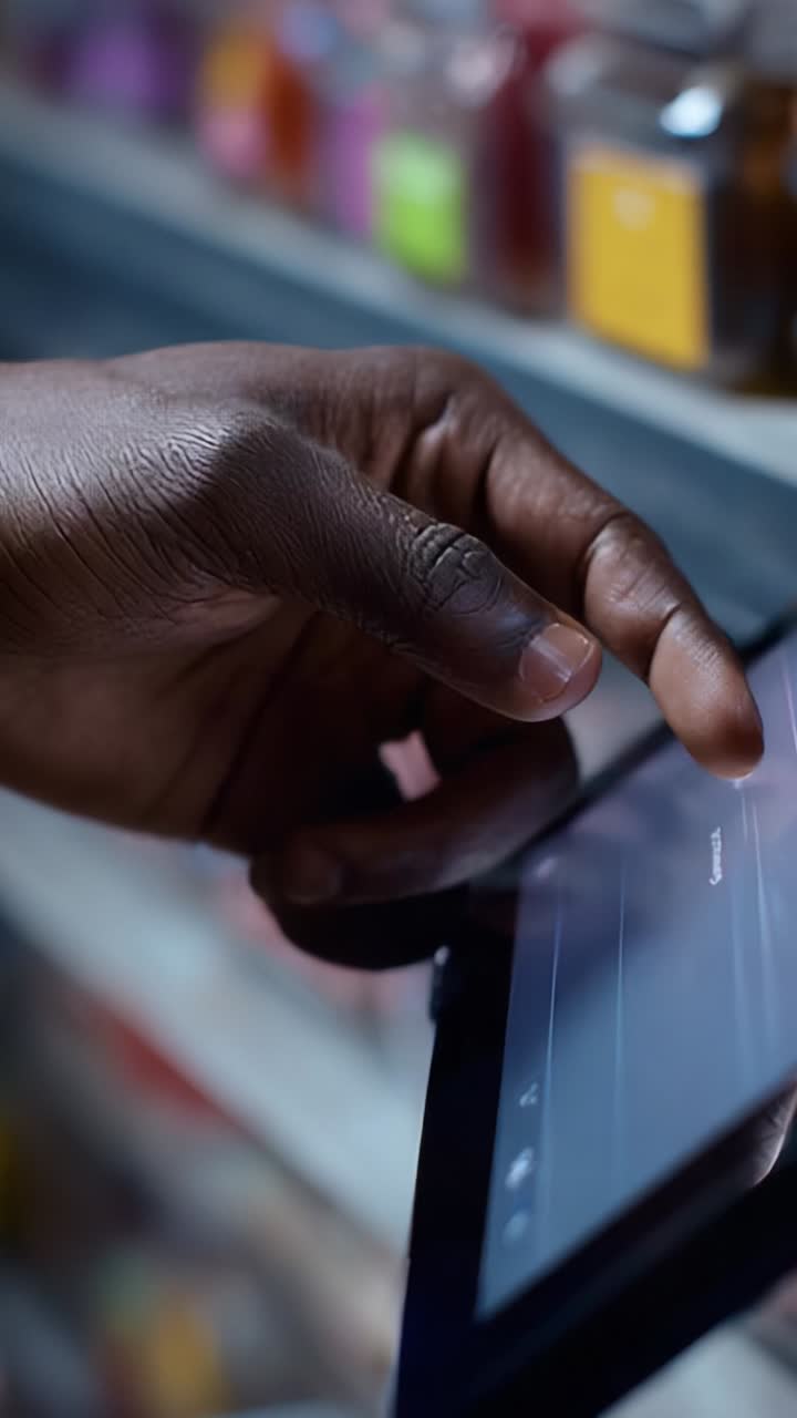 A person interacting with a tablet, showcasing a close-up view of a hand navigating through an application interface amidst colorful backgrounds in a store setting