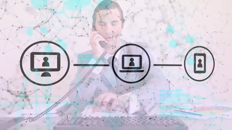 Animation of digital icons over caucasian businessman reading documents and talking on phone