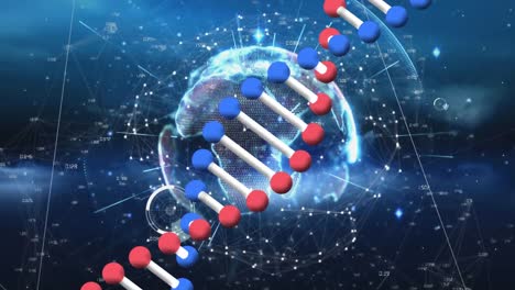 검은색 바탕에 지구상에 dna 줄무를 가진 데이터 처리의 애니메이션.