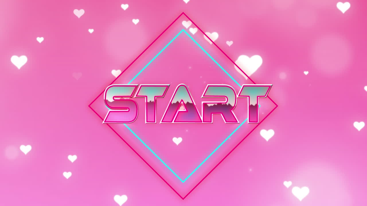 animación del texto de inicio sobre los iconos de corazón en fondo rosa